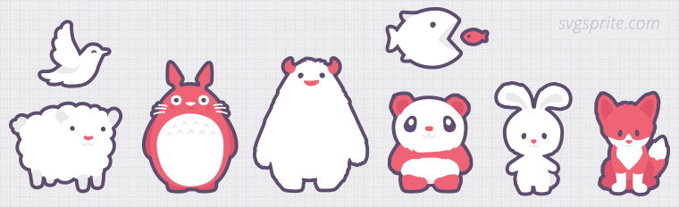 Cartoonish animals vectors. Totoro, yeti, snowman, panda, littlebig fish, lamb sheep, birdie, dove, white hare, firefox