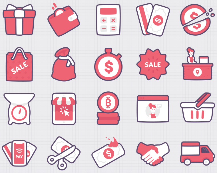 Shopping vector icons. Gift, cashback, payments methods, half, price, pouch, sale, outpost, bitcoin, feedback, handshake, delivery
