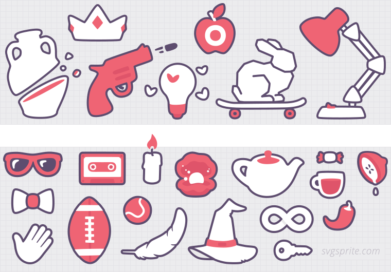 Vector stanford bunny, skateboard, lemon, baseball, broken vase, fireflies, magichat, infinitysign, pepper and other props